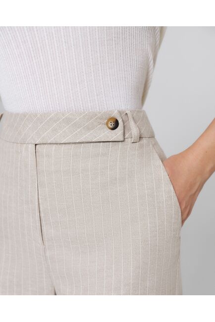 Женские брюки из хлопка и льна бежевые в тонкую полоску-B0010 от byME 