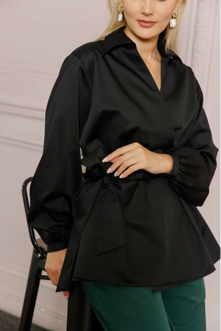 Женская рубашка на запа́х с поясом черная - 8642 от byME 