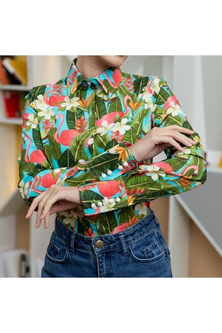 Женская рубашка с высоким манжетом под пуговицы тропические цветы - 7888 от byME 