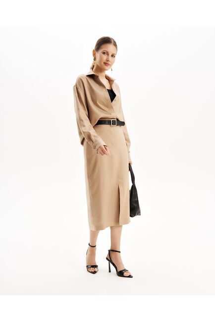 Юбка песочная прямая с разрезом из тенсела  SK2-1001 от byME 