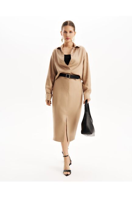 Юбка песочная прямая с разрезом из тенсела  SK2-1001 от byME 