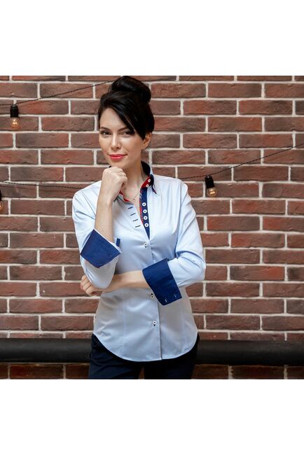 Приталенная женская рубашка на пуговицах голубая с двойным воротом - 1128 от Tonelli 