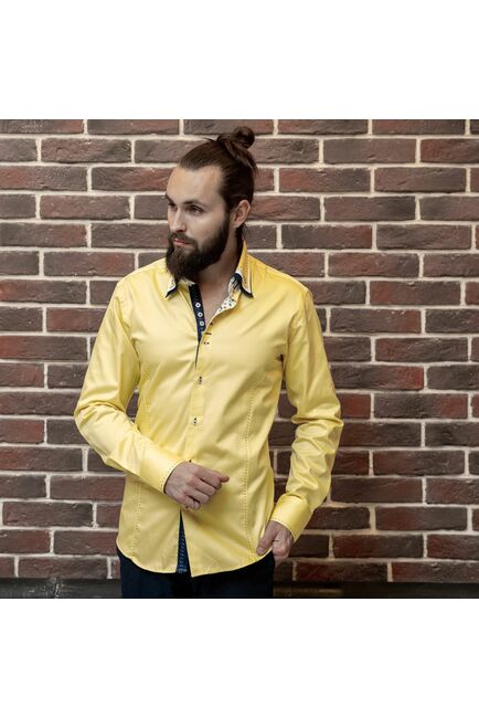 Мужская рубашка приталенная тройной воротник со вставками лимонная - 961 от Tonelli 