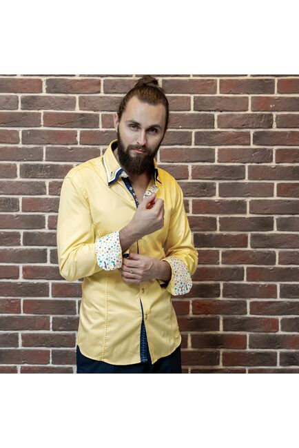 Мужская рубашка приталенная тройной воротник со вставками лимонная - 961 от Tonelli 