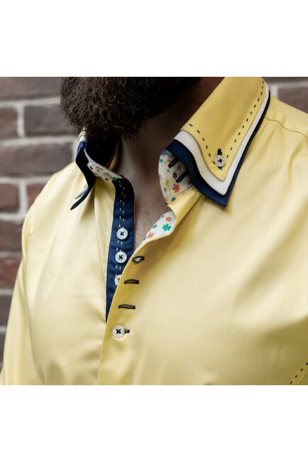 Мужская рубашка приталенная тройной воротник со вставками лимонная - 961 от Tonelli 