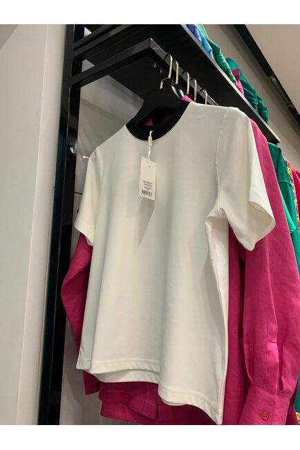 Футболка женская из хлопка белая с акцентным воротником-075001 от LW 