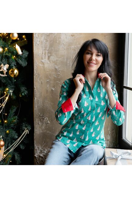 Женская рубашка принт -  зайчонок, под пуговицы с супатной застежкой полуприталенная с отделкой-7713 от DoubleCuff 