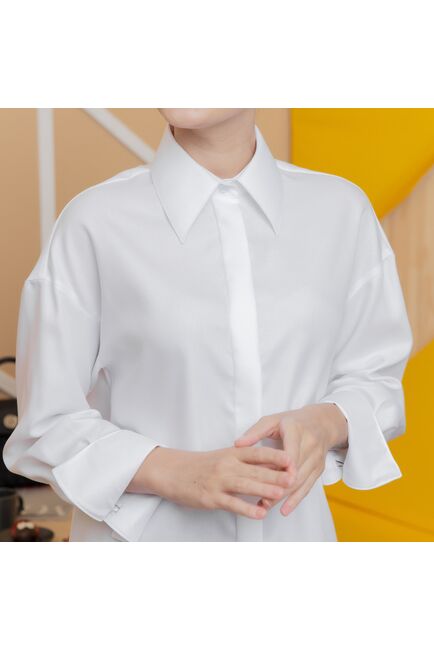 Женская рубашка с высоким манжетом под запонку белая фактура ёлочка - 8264 от byME 