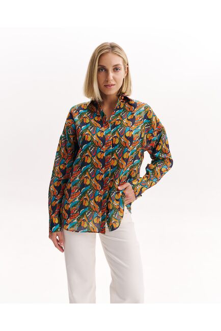 Женская рубашка из крапивы в оверсайз силуэте принт туканы-8991 от byME 