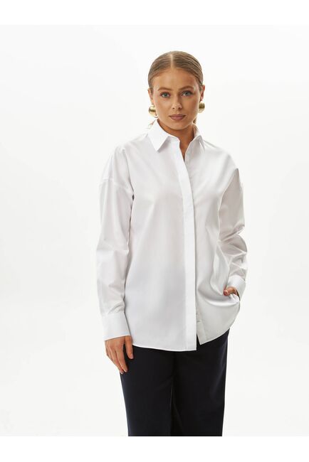 Женская рубашка хлопковая в белом цвете с фактурой мелкая   ёлочка в оверсайз силуэте -8990 от byME 