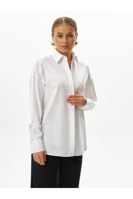 Женская рубашка хлопковая в белом цвете с фактурой мелкая   ёлочка в оверсайз силуэте -8990 от byME 