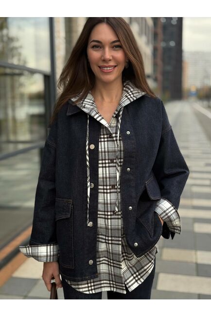 Женская рубашка  из хлопка в клетку с капюшоном 105016 от LW 
