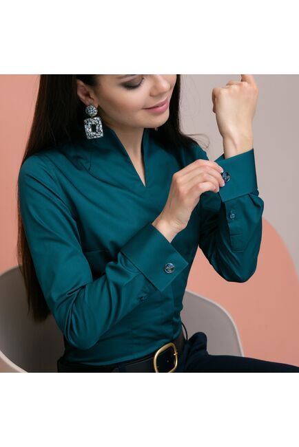 Женская рубашка под запонку изумрудная воротник стойка - 7896 от ByME 