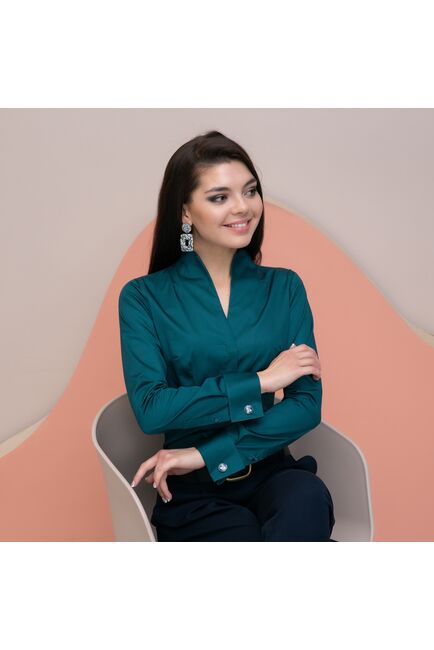 Женская рубашка под запонку изумрудная воротник стойка - 7896 от ByME 