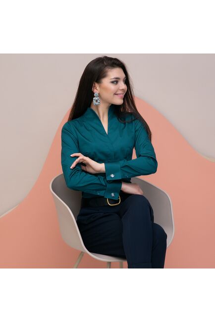 Женская рубашка под запонку изумрудная воротник стойка - 7896 от ByME 