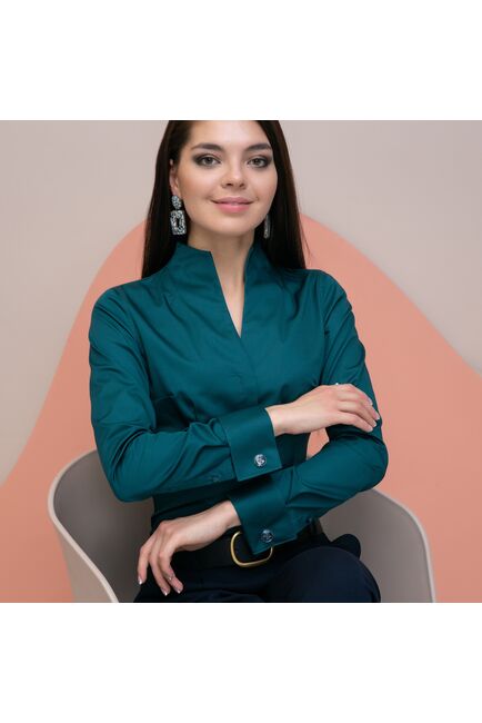 Женская рубашка под запонку изумрудная воротник стойка - 7896 от ByME 