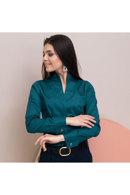 Женская рубашка под запонку изумрудная воротник стойка - 7896 от ByME 