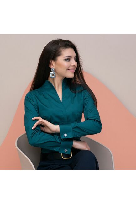 Женская рубашка под запонку изумрудная воротник стойка - 7896 от ByME 