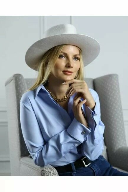 Женская рубашка из хлопка под запонку голубая фактура твилл - 8590 от byME 