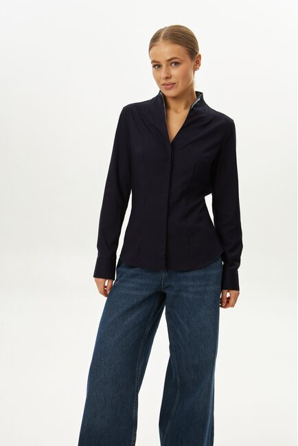 Рубашка темно-синяя воротник стойка под пуговицы с отделкой - 9058 от byME 