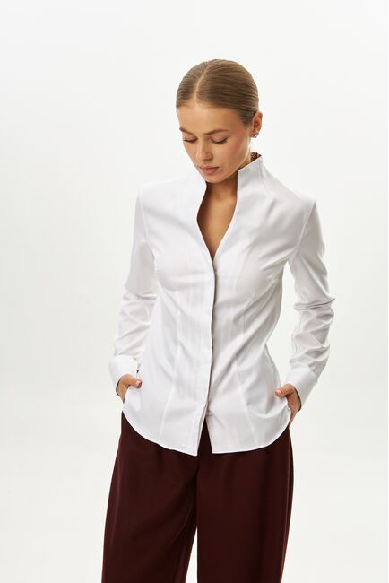 Рубашка белая воротник стойка под пуговицы с отделкой - 9059 от byME 