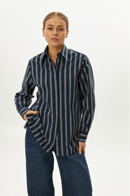 Рубашка хлопковая с универсальным манжетом синяя в полоску - 9071 от byME 