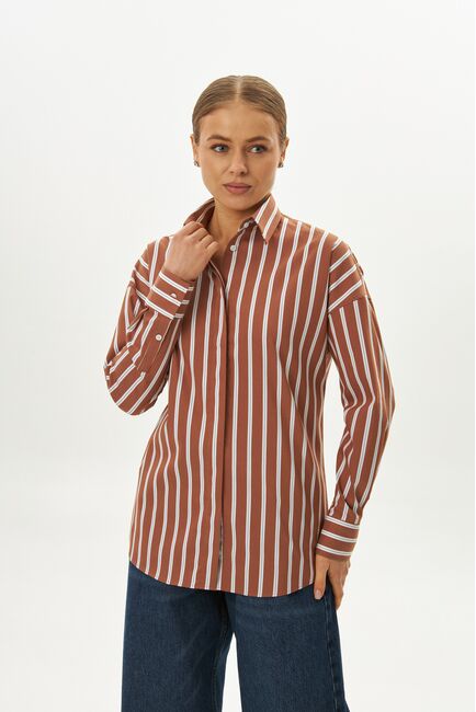 Женская рубашка коричневая с голубым полоска оверсайз из хлопка 9072 от byME 