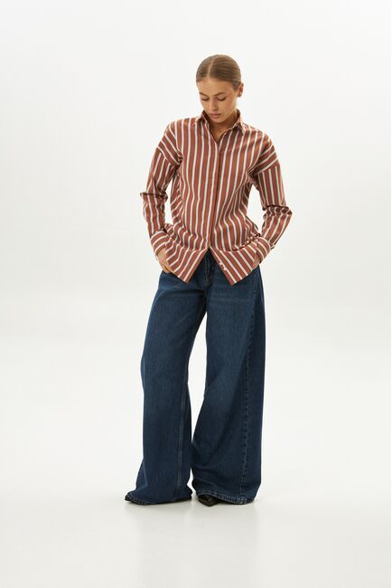 Женская рубашка коричневая с голубым полоска оверсайз из хлопка 9072 от byME 