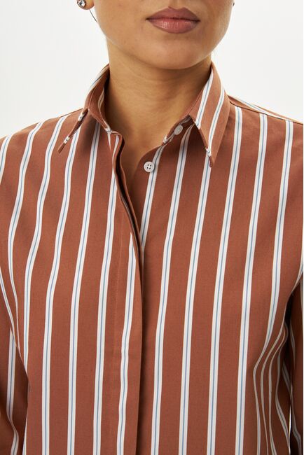 Женская рубашка коричневая с голубым полоска оверсайз из хлопка 9072 от byME 