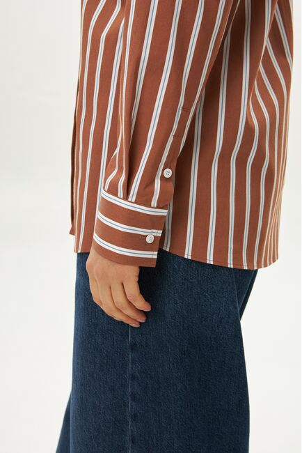 Женская рубашка коричневая с голубым полоска оверсайз из хлопка 9072 от byME 
