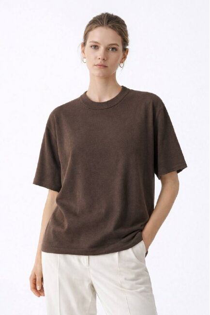 Джемпер коричневый с коротким рукавом из шерсти мериноса-JFB02 от byME 