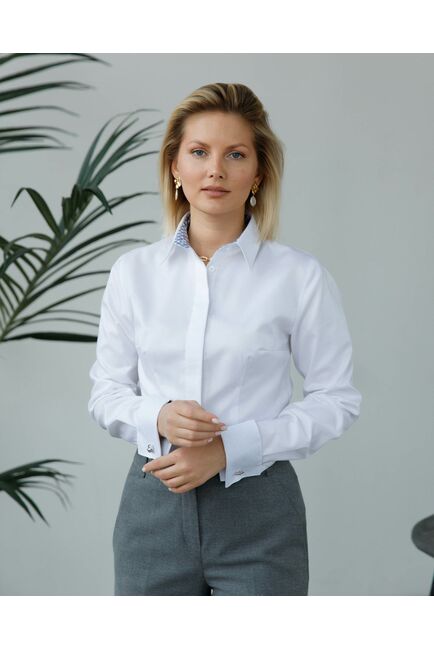 Женская рубашка из хлопка белая с отделкой орнамент под запонки 8983 от byME 