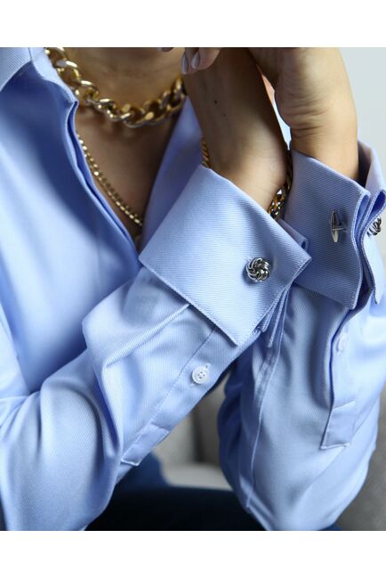 Женская рубашка из хлопка под запонку голубая фактура мелкая ёлочка - 9092 от byME 