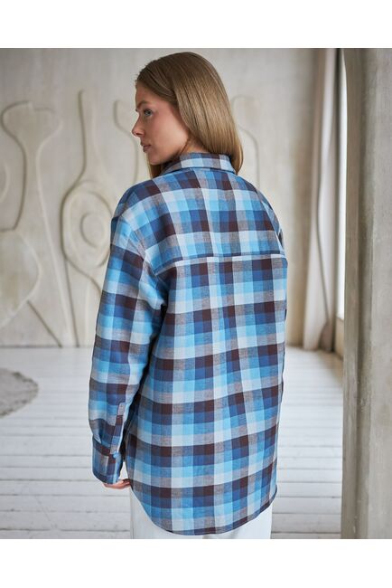 Женская рубашка коричнево-голубая клетка фланелевая 9081 от byME 