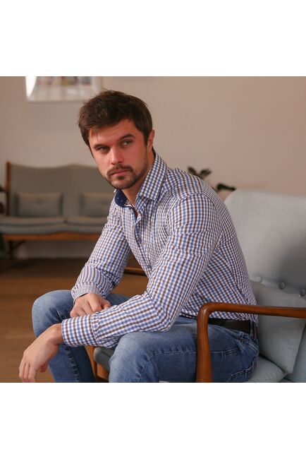 Мужская рубашка из бамбука приталенная под пуговицы в клетку - 7501 от DoubleCuff 