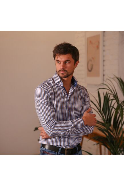 Мужская рубашка из бамбука приталенная под пуговицы в клетку - 7501 от DoubleCuff 