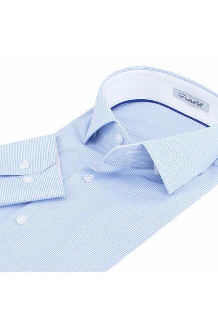 Мужская рубашка из бамбука приталенная под пуговицы голубая в мелкую клетку - 7502 от DoubleCuff 