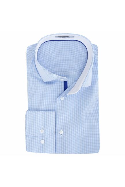 Мужская рубашка из бамбука приталенная под пуговицы голубая в мелкую клетку - 7502 от DoubleCuff 