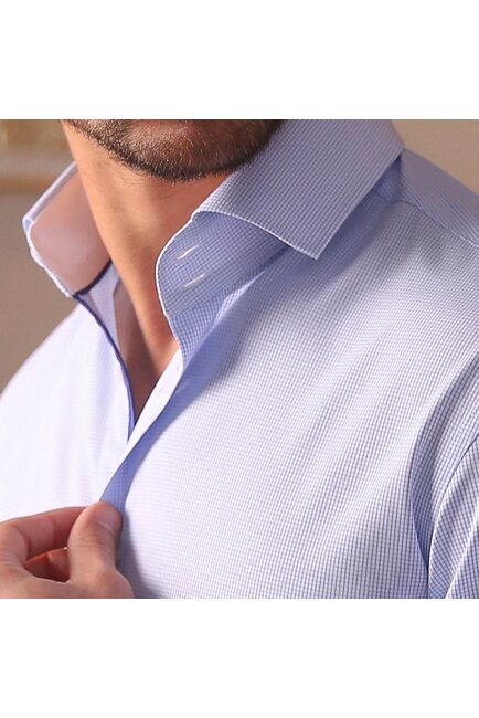 Мужская рубашка из бамбука приталенная под пуговицы голубая в мелкую клетку - 7502 от DoubleCuff 