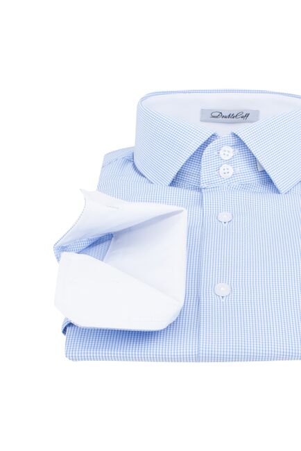 Мужская рубашка из бамбука приталенная под пуговицы голубая в мелкую клетку - 7502 от DoubleCuff 