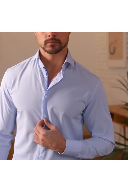 Мужская рубашка из бамбука приталенная под пуговицы голубая в мелкую клетку - 7502 от DoubleCuff 