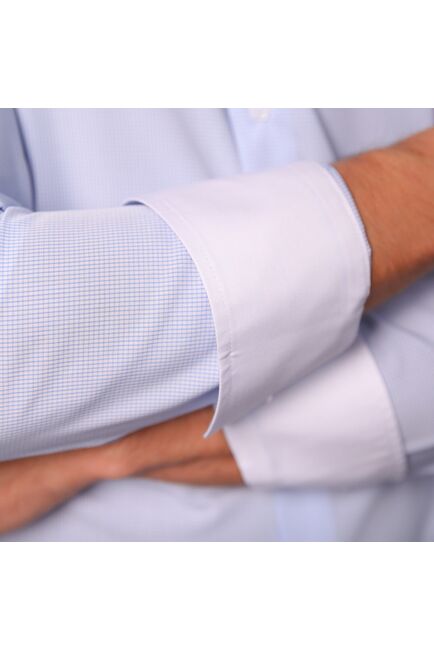 Мужская рубашка из бамбука приталенная под пуговицы голубая в мелкую клетку - 7502 от DoubleCuff 