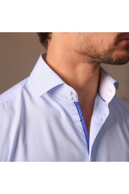 Мужская рубашка из бамбука приталенная под пуговицы голубая в мелкую клетку - 7502 от DoubleCuff 