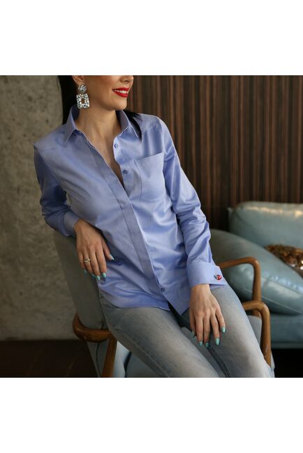 Женская рубашка под запонку с карманом из фактурной ткани в елочку - 7546A от DoubleCuff 