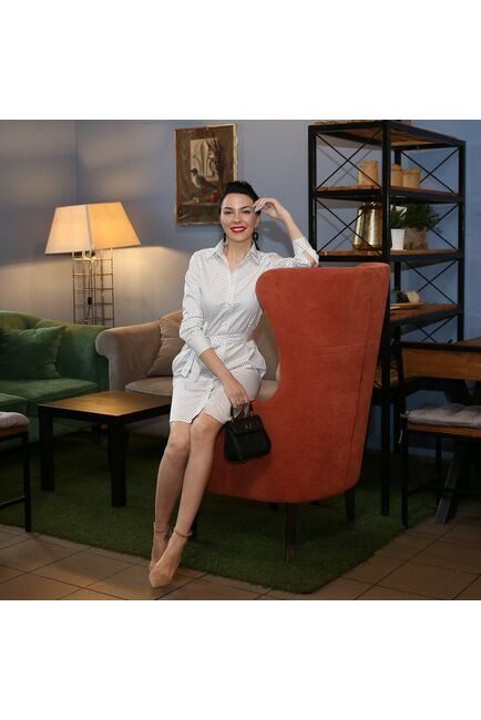 Платье-рубашка белое в горох с поясом прямой силуэт - 7540 от DoubleCuff 