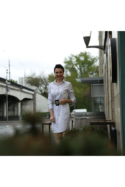 Платье-рубашка белое в горох с поясом прямой силуэт - 7540 от DoubleCuff 