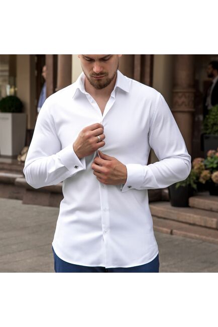 Приталенная мужская рубашка белая под запонки Non-Iron - 7607A от DoubleCuff 