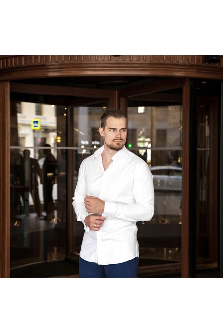 Приталенная мужская рубашка белая под запонки Non-Iron - 7607A от DoubleCuff 