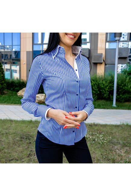 Женская рубашка в синюю полоску с двойным воротником под пуговицы - 7605 от DoubleCuff 