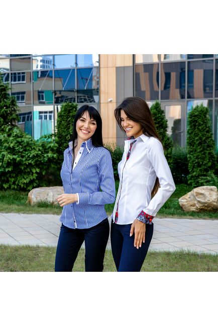 Женская рубашка в синюю полоску с двойным воротником под пуговицы - 7605 от DoubleCuff 